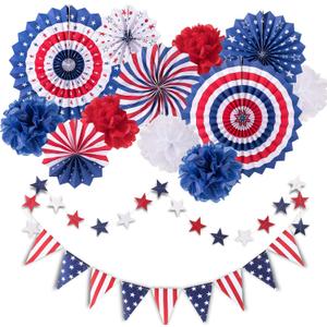 Whaline 4th of July Party Decorations Set, Patriotic USA Flag Pennant Bunting, Red White Blue Paper Fans, Star Garland Hanging Streamers, Tissue Pom Pom Flowers for Independence Day Decor, 14Pcs