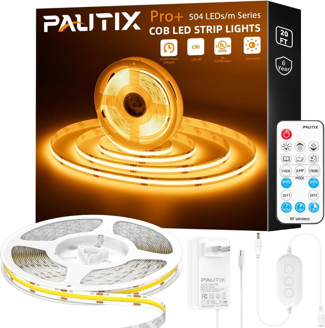 PAUTIX COB LED Strip Light 2000K Warm White,3087LEDs DC24V Dimmable LED Strip Light 20ft/6.1m,High Lumen Tape Light Kit with RF Remote Timer Function and 48W Power Supply for Home,Kitchen DIY Lighting