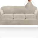 PrinceDeco Velvet Couch Covers for Sofa Soft 4 Pieces Couch Covers for 3 Cushion Couch Sofa Pet Friendly Furniture Protector with Non Slip Elastic Bottom Width Up to 90 Inch (Large, French Oak)