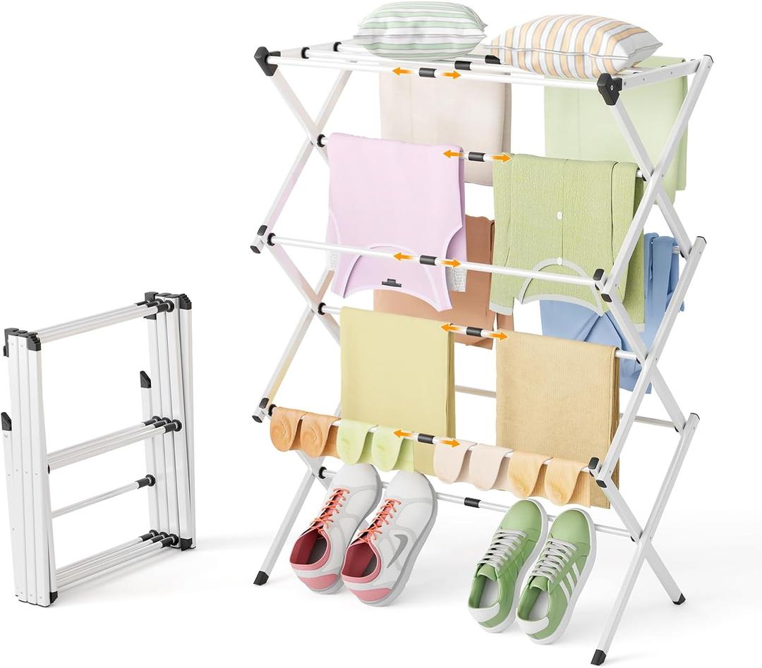 Foldable Clothes Drying Rack - 3-Tier Laundry Drying Rack, Collapsible Metal Indoor Airer, Portable X-Type Clothing Dryer with Shoe Hanger for Home & Balcony (No Assembly Required)