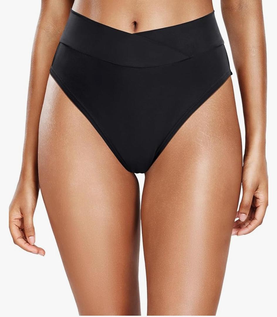 Tempt Me Women's High Waisted Bikini Bottom Crossover V Cut Bathing Suit Swim Bottom, Medium