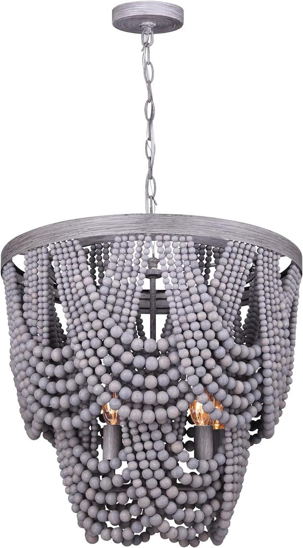 Nicole Chandelier - 5-Light, 60W Type C, Grey Real Wood Beads, 18.5" W x 23" H, Unique Design for Dining Rooms, Living Areas