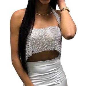 Women Sexy Sparkly Rhinestone Rave Crop Tops Sleeveless Tank Top Shirt Body Jewelry for Club Festival Dance (Halter Silver)