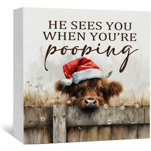 4 x Christmas Highland Cow Bathroom Decor Sign - Farmhouse Western Christmas Animal Bathroom Decor,Rustic Farm Animal He Sees You When You're Pooping Signs,Highland Cow Gifts for Women, 8x8 Inch Home