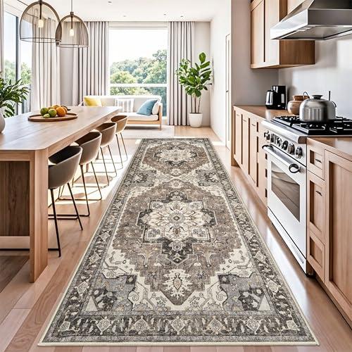 Washable Kitchen Runner Rug 4x12 - Low Pile Soft Rugs for Hallway Entryway Wide Vintage Stain Resistant Carpet with Non-Slip Rubber Backing Thin Indoor Floor Mat for Living Room Bedroom (Beige,3x12ft)
