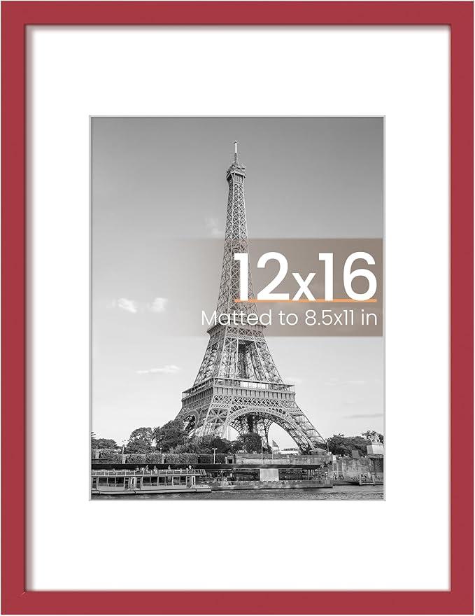 12x16 Picture Frame Made of Solid Wood, Display Covered by Plexiglass, Display Pictures 9x12/11x14 with Mat or 12x16 Without Mat for Wall Mounting, Navy Red