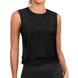 Cicy Bell Womens Cropped Workout Tank Tops Summer Casual Sleeveless Sweatshirts Athletic Gym Crew Neck Tees (X-Large, Black)