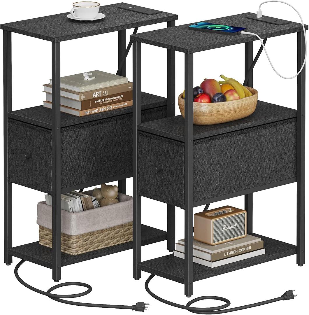 TUTOTAK Small Narrow End Table with Charging Station, Set of 2, 1 Drawer