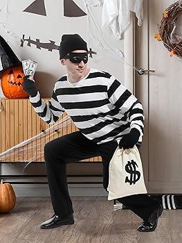 3 Pieces Halloween Costume Set, Men's Robber Costume Halloween Cosplay Burglar Accessories Striped Shirt for Adult,Size XL