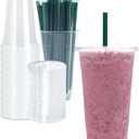 32 oz Clear Plastic Cups with Lids and STRAWS, Disposable Drinking Cups for Cold Drinks, Iced Coffee, Milkshakes, Smoothies, 25 Sets
