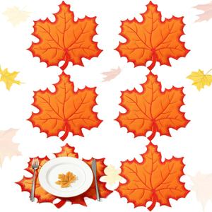 Yingzhao 6 Pcs Thanksgiving Fall Maple Leaf Placemats Harvest Autumn Orange Placemats Embroidered Washable Leaves Table Mats for Home Dining Holiday Thanksgiving Guest Table Decoration