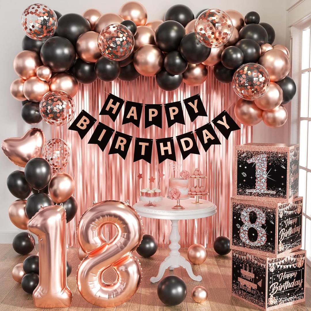 Rose Gold 18th Birthday Decorations for Girls Women - Happy 18 Birthday Party Supplies Include 3pcs Balloon Boxes, Number 18 Foil Balloons, Fringe Curtains, Black Pink Garland Arch Kit - Photo Props