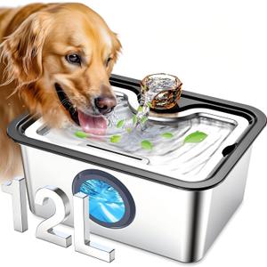 Large Dog Water Fountain Stainless Steel, 12L Pet Drinking Dispenser with Visual Window, Extra Big Cat Fountains Bowl with Filters, Widely Drinking Area,Ultra-Quiet Pump