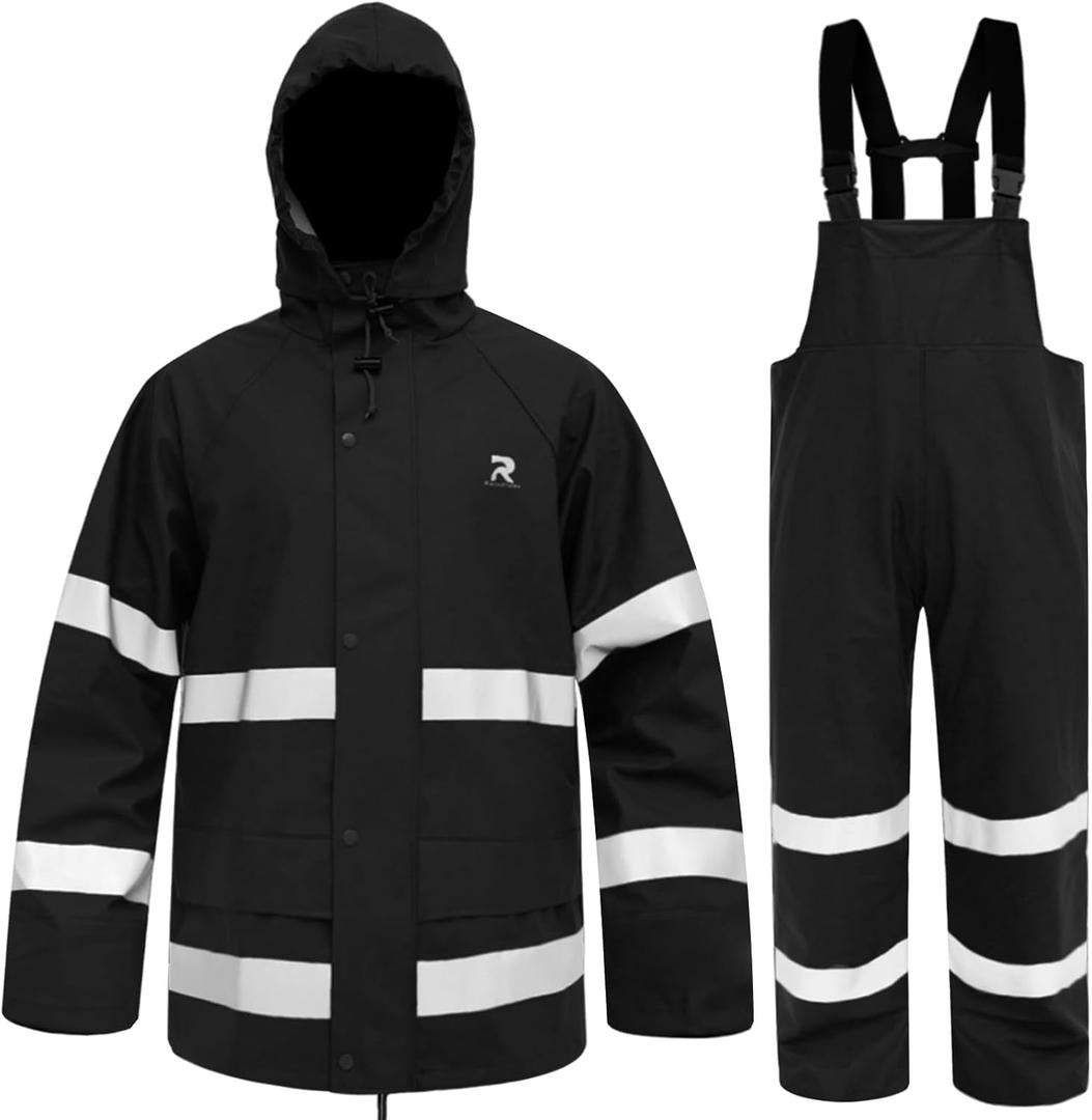Rain Suits for Men Waterproof Rain Jacket Coat Pants Heavy Duty Women Fishing Rain Gear Workwear (Black/Hi-Vis, XXX-Large)