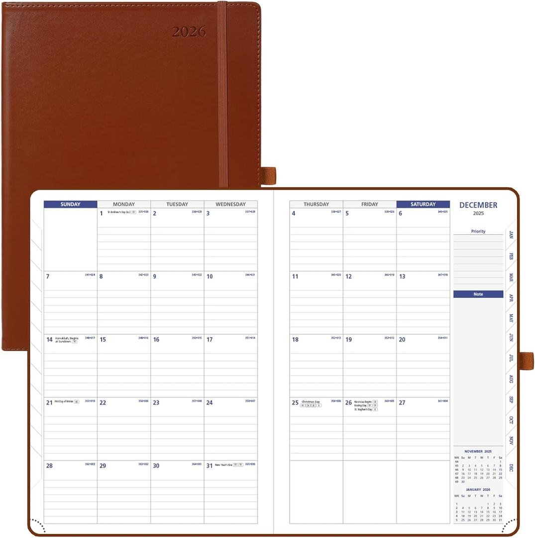 POPRUN Monthly Planner 2026-2027 (Large-8.25'' x 11.75''), 16 Months Calendar(Dec 2025-Mar 2027) Appointment Book with Stair Tabs, Inner Pockets, Pen Holder, PU Leather Softcover - Brown