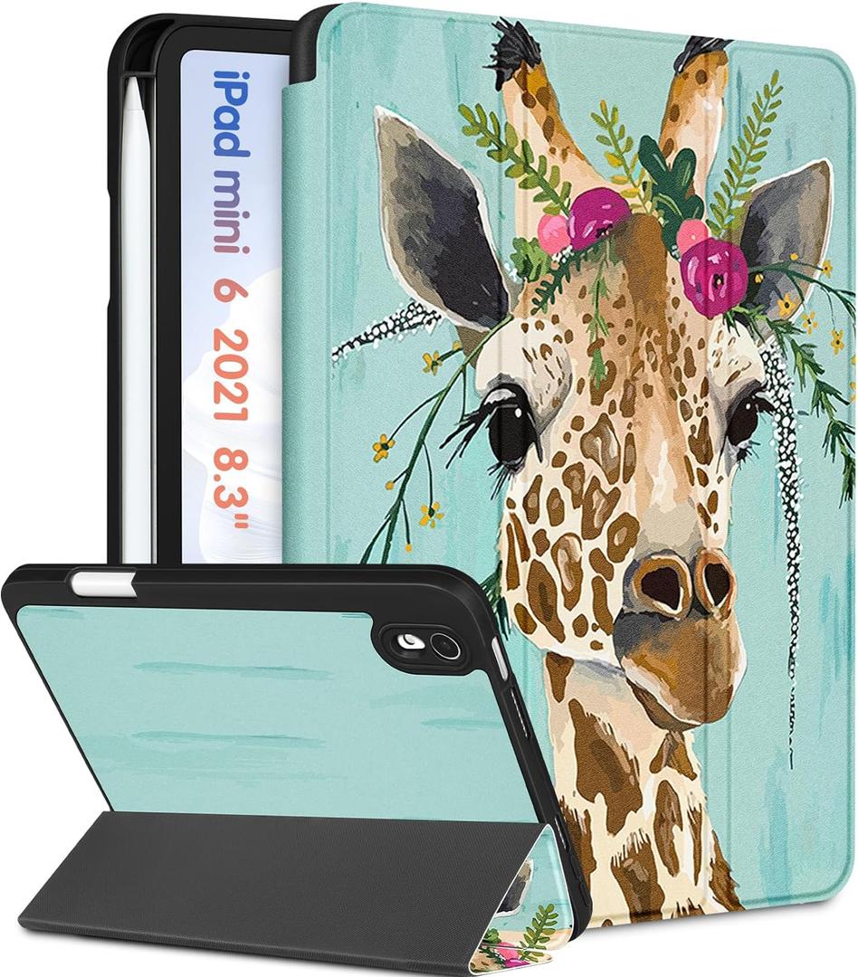 for iPad mini 7 Case - for iPad mini 6th/7th Generation Cases Women Girls Cute Folio Cover Girly Giraffe Design Unique Pencil Holder for Apple Mini 6 2021/Mini 7 A17 Pro 2024 Case 8.3 Inch