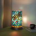 Tiffany lamp Stained Glass Table lamp Teal Dragonfly Style Bedroom Bedside Flower Vase Decor Green Small Night Light Mini Cute Kids Accent Unique LED Cottage Aesthetic Nightstand Cylinder Desk lamp