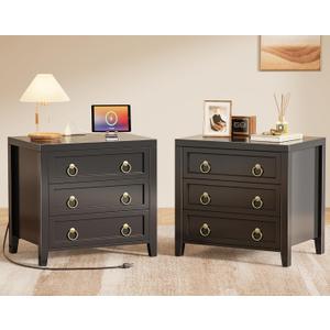 Huuger 23.6 Inch Night Stand with Charger Station and USB-C Port, 3 Drawer Nightstands Set of 1, Larger Wider Bedside Table, Modern End Table, for Bedroom, Black Nightstand