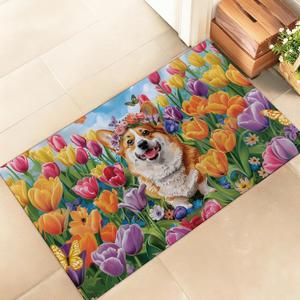 Corgi Indoor Door Mat, Stylish 17x29.5in Non-Woven Fabric Floor Doormat with Cute Dog and Vibrant Tulips,Animal Lover Doormats, for Porch Insider,Bedroom,Living Room, Decor Rug Gifts
