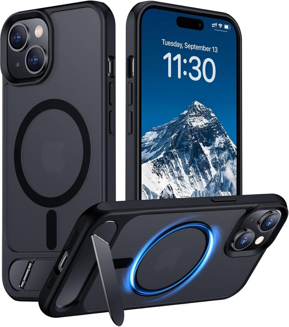 Temdan Magnetic Compatible with iPhone 15 Case, [Built-in Invisible Kickstand][Compatible with MagSafe] [Military Grade Shockproof] Slim Translucent Matte Phone Case for iPhone 15 6.1" (Black)