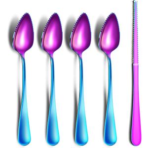 Grapefruit Spoons & Knife Set, Stainless Steel Utensils With Serrated Edge & Thick Gauge Handle, Rainbow Kitchen Tool, Non-stick Plating for Kiwi, Dessert, Apple (5 PCS)