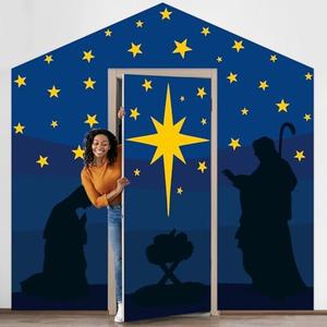 4 Pcs Christmas Nativity Scene Banners Decorations Jesus Religious Front Door Cover Hanging Banners Xmas Christian Church Door Decorations Set Night Starlight for Holiday Home Party Decor Supplies