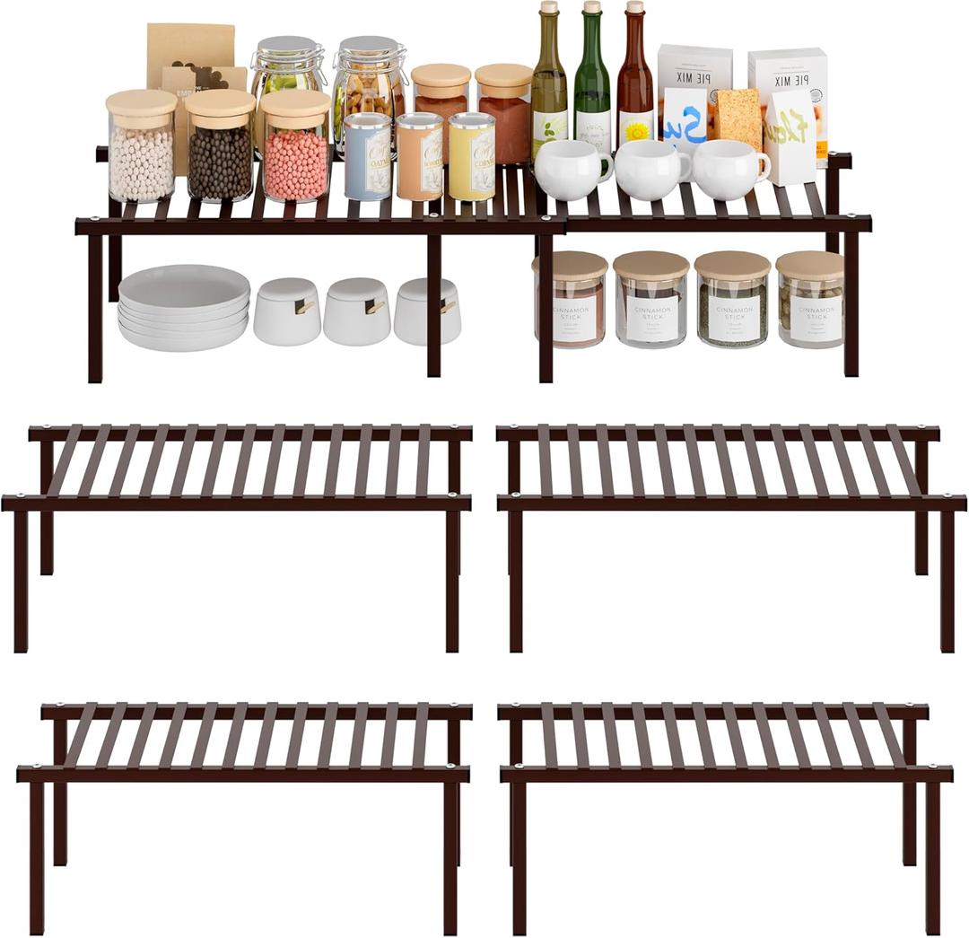 STORAGE MANIAC Set of 4 Expandable Kitchen Cabinet Organizer Shelf Kitchen Counter Shelves Spice Rack Kitchens Storage Wire Shelf Adjustable Metal Pantry Storage for Plate Dish, Brown