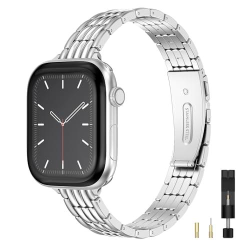 Wearlizer Slim Metal Band Compatible with Apple Watch Bands 41/40/38/42mm Women, Dressy Thin Stainless Steel Strap Silver Link Bracelet for iWatch Series 11 10 9 8 7 6 5 4 3 2 1 SE Silver