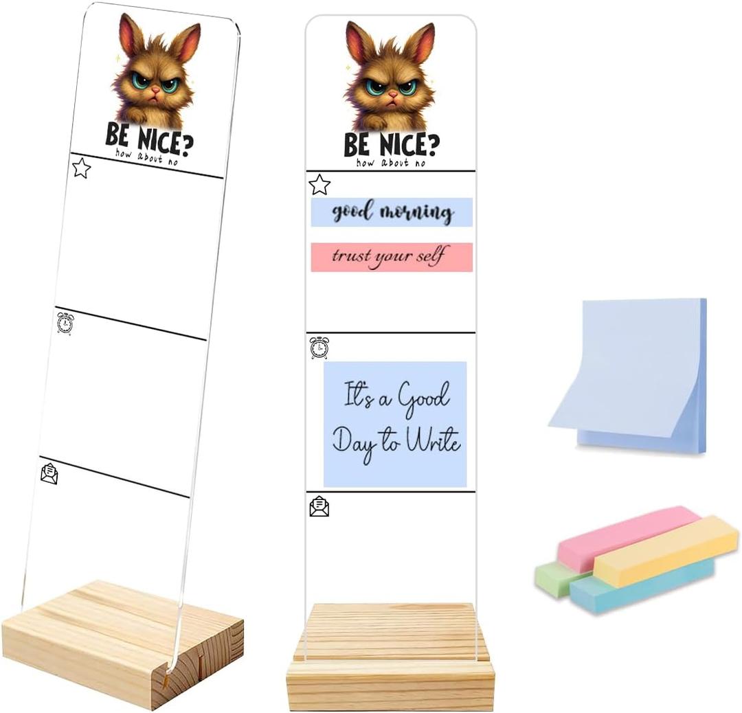 Sticky Note Holder, Monitor Memo Board, Acrylic Post It Note Holder with Wooden Base, Includes 200 Notes, Desk Organizer, Funny Bunny Quote “Be Nice? How About No”, 11.8 x 3.1 inches
