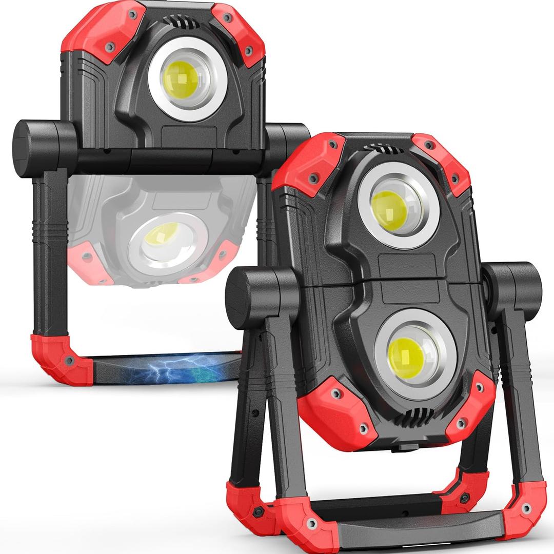 Adelante 2Pack Rechargeable LED Work Light with Magnetic Bases, 2500LM 6500K 12 Hours Long Lasting, Mobile Charger, 360Rotating Stand Waterproof USB Portable Flood Light for Mechanics, Repairing (Red)