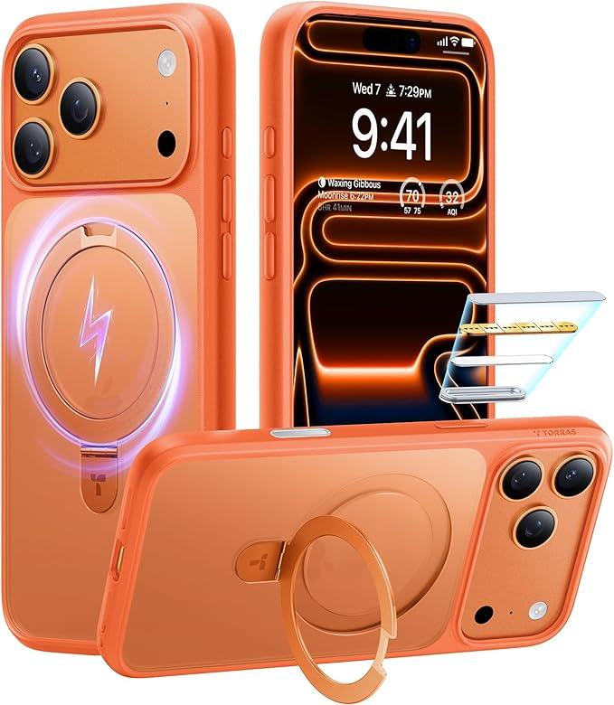 TORRAS for iPhone 17 Pro Case with Stand, Fit for MagSafe, 4X Military Drop Protection, Camera Control Button, Slim Soft Edge Phone Case for iPhone 17 Pro, Translucent Matte Cover 6.3", Bright Orange