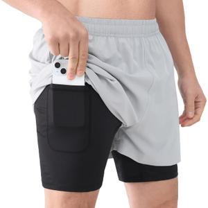 Cosmolle Men's 2-in-1 Quick-Dry Workout Shorts Built-in Liner Elastic Waistband Multi-Pocket Design for Gym Basketball (Gray, XL)