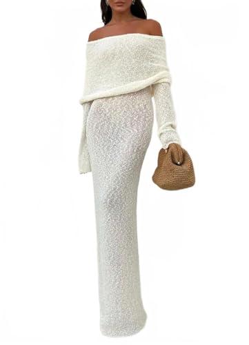 Women Sexy Off Shoulder Maxi Dress Long Sleeve Knit Crochet Bodycon Ruched Mesh Beach Vacation Party Sweater Dresses White, Medium