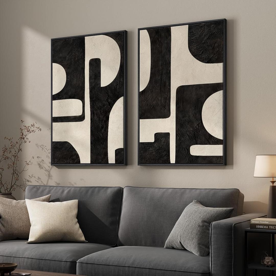 Large Framed Abstract Set of 2 Wall Art for Living Room, Neutral Black Beige Geometric Modern Canvas Artwork for Walls, Minimalist Painting Print Wall Decor Bedroom Hallway Home Office, 24x36 Inch