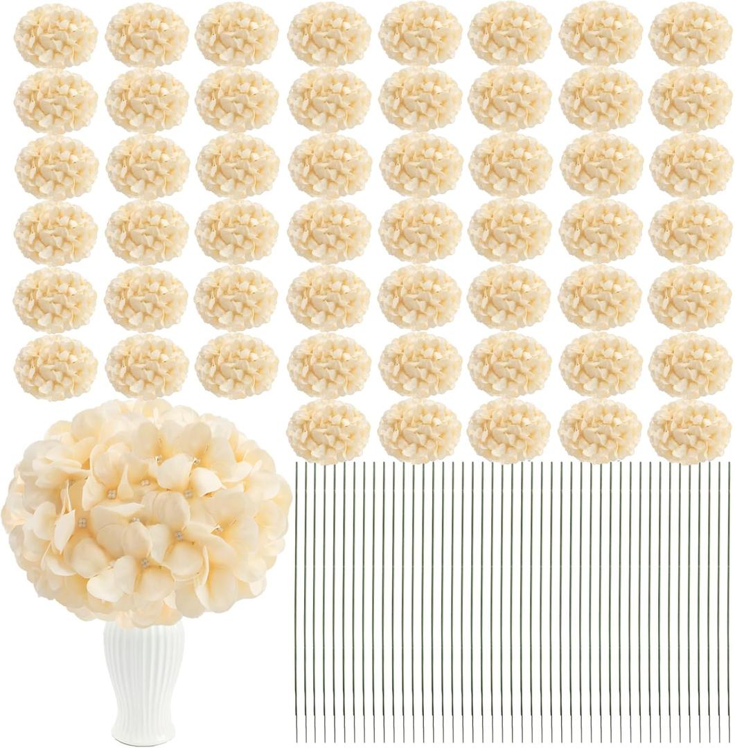 104 PCS Champagne Hydrangea Artificial Flowers Silk Floral Heads with Stems Full Hydrangea Flowers for Wedding Centerpieces Bouquets DIY Floral Decorations for Home Indoor