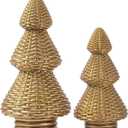 DN DECONATION Gold Christmas Tree Figurines, Natural Rattan Style Tabletop Christmas Decor, Set of 2 Resin Xmas Trees for Home, Mantel, Desk, Holiday Centerpiece