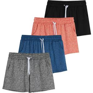 Real Essentials 4 Pack: Girls Athletic Performance Dry-Fit Running Shorts with Drawstring & Pockets (L)
