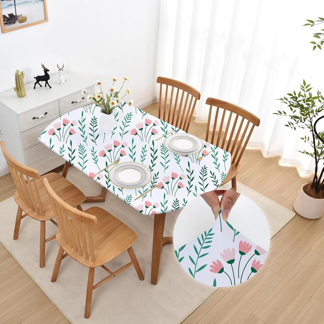 Spring Pink Floral Oval Fitted White Tablecloth 48x68 Inch Outdoor Elastic Table Cloth Washable Non Slip Spandex Stretchy Fabric Table Cover Wrinkle Free with Cute Flower Green Leaves
