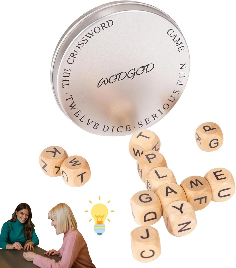 The Crossword Game,Classical Game with 12 Dice Letters, Wooden Letter Tiles Dice Games for Camping,Travel Playing with Case White Elephant Gift Adults