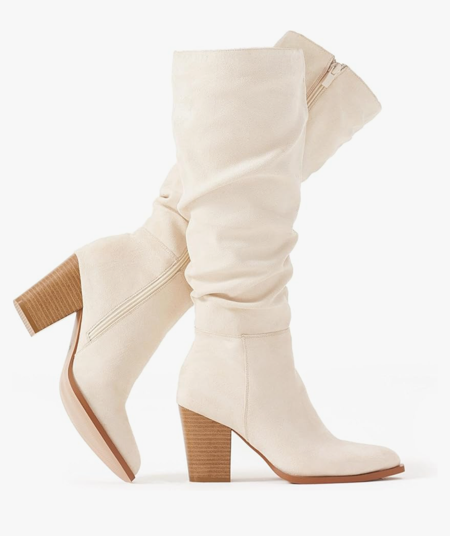 Putu Women's Pointed Toe Knee High Boots Faux Suede Slouch Boots with Chunky Heel