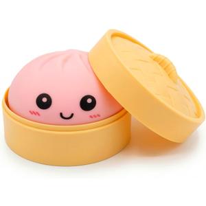 Pink Dumpling Squishies with Box,Squishies Dumplings Stress Relief Balls Fidget Sensory Toy,Bao Bun with Food Steamer Stretchy Desk Squeeze Toys