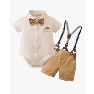 YUEMION Infant Baby Boy Clothes Gentleman Outfits Suits Summer Short Sleeve Bowtie Bodysuit Shirts + Suspender Shorts (9-12M)