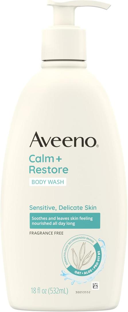 Aveeno Calm + Restore Daily Body Wash for Sensitive, Delicate Skin, Gentle Cleanser with Oat, Aloe & ProVitamin B5 Soothes & Leaves Skin Feeling Nourished, Fragrance Free, 18 fl. oz