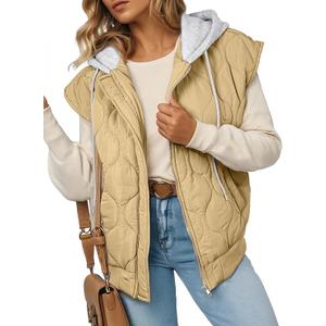 EVALESS Puffer Vest Women Cropped Hooded Zip Up Quilted Sleeveless Jackets 2025 Fall Lightweight Coat with Pockets, Size 2XL