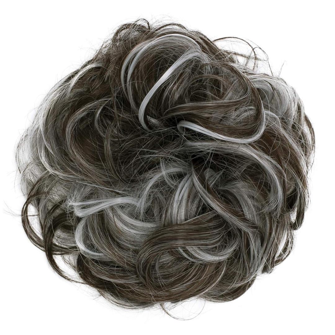 CAISHA Big Hairpiece Scrunchy Updo Bridal Hairstyle curly Messy Bun Dark Brown Gray Mix G34E