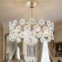 20" Flower Gold Crystal Fandelier Ceiling Fans with Lights Caged | Chandelier Ceiling Fan with Light Remote, Flush Mount Mid-Century with 6 Speeds for Bedroom Dining room Nursery E26*4