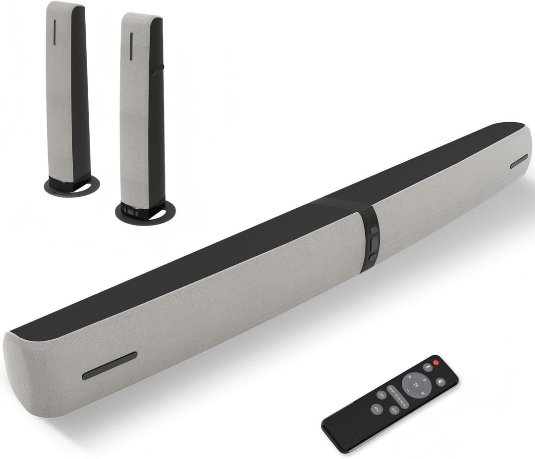 Sound Bar for Smart TV, 90W Soundbar with Bluetooth 5.3/ARC/Optical/AUX Connect, Auto Volume Boost, 3 Customizable Equalizer Modes, 2 in 1 Detachable Soundbar for TV/PC/Gaming/Projectors 2-Pack