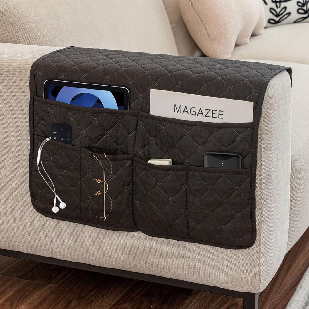 Sofa Armrest Organizer Waterproof Armchair Caddy for Couch Remote Control Holder for Recliner Non Slip Recliner Caddy with 6 Pockets for Magazine, Tablet, Phone, iPad, Black