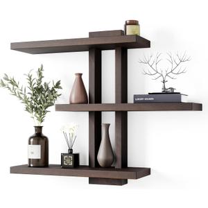 yaqew Variable Wood Floating Shelves Set of 3, Wall Cube Shelves 28.35" Max, Wall Shelves for Living Room Bathroom Bedroom - Dark Walnut Color - 28.35" x 23" x 5.9" Max, 5.9" deep