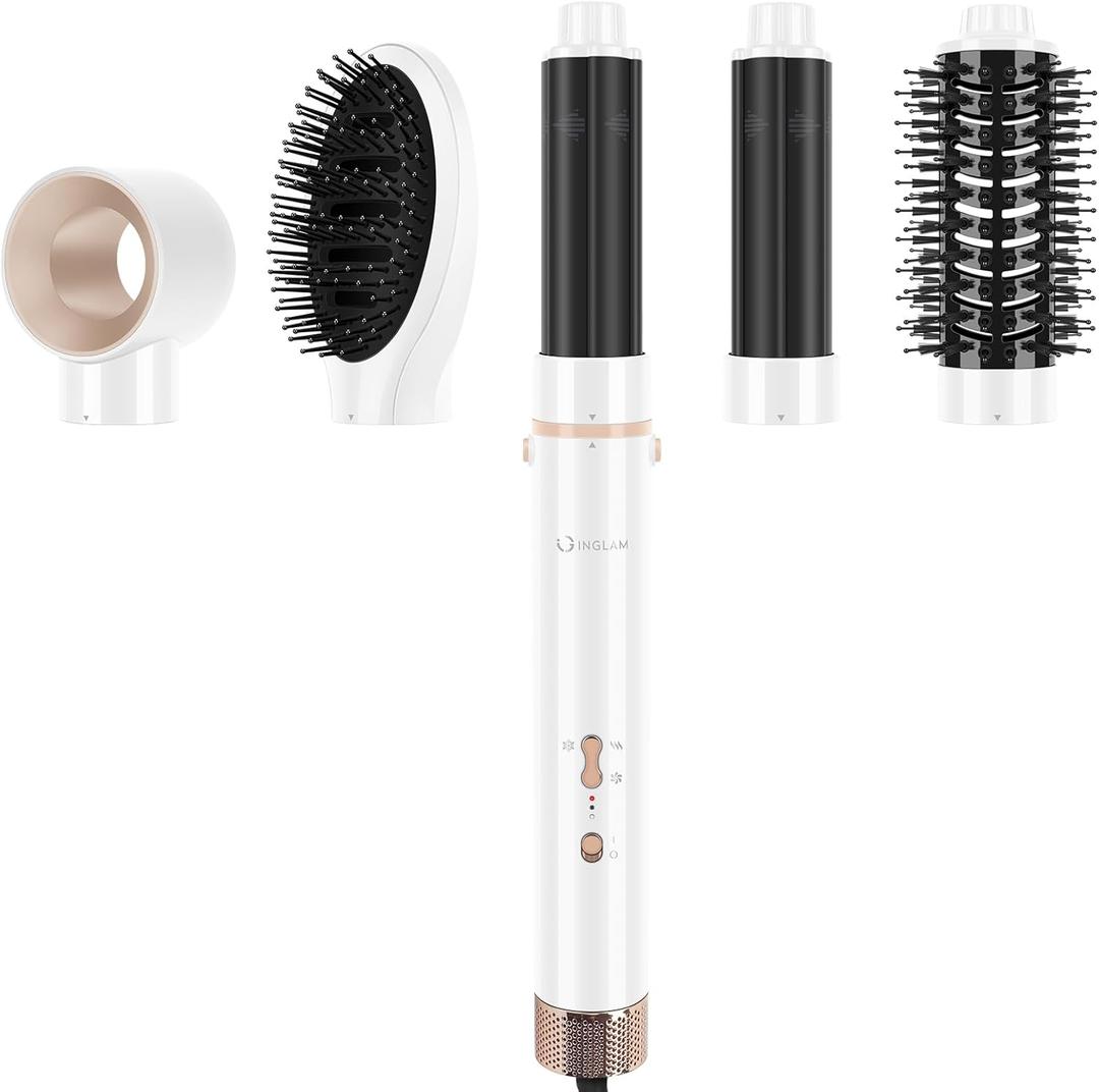 IG INGLAM MegaAIR Styler, 5 in-1 Professional Interchange Hair Dryer Brush 110,000 RPM Brushless BLDC Motor Ionic Hot Air Volumizing and Shape, White